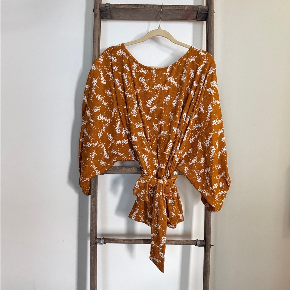 Anthropologie Rust Floral Tie-Back Blouse